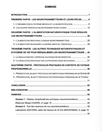 Sommaire Mémoire Bachelor Naturopathie ISUPNAT, FENA, FEDE : la régulation des neurotransmetteurs par les techniques naturopathiques et leur application pratique. Travail de recherche sur les mécanismes de la gestion du stress dans le cadre d'épuisement professionnel et de pré burnout